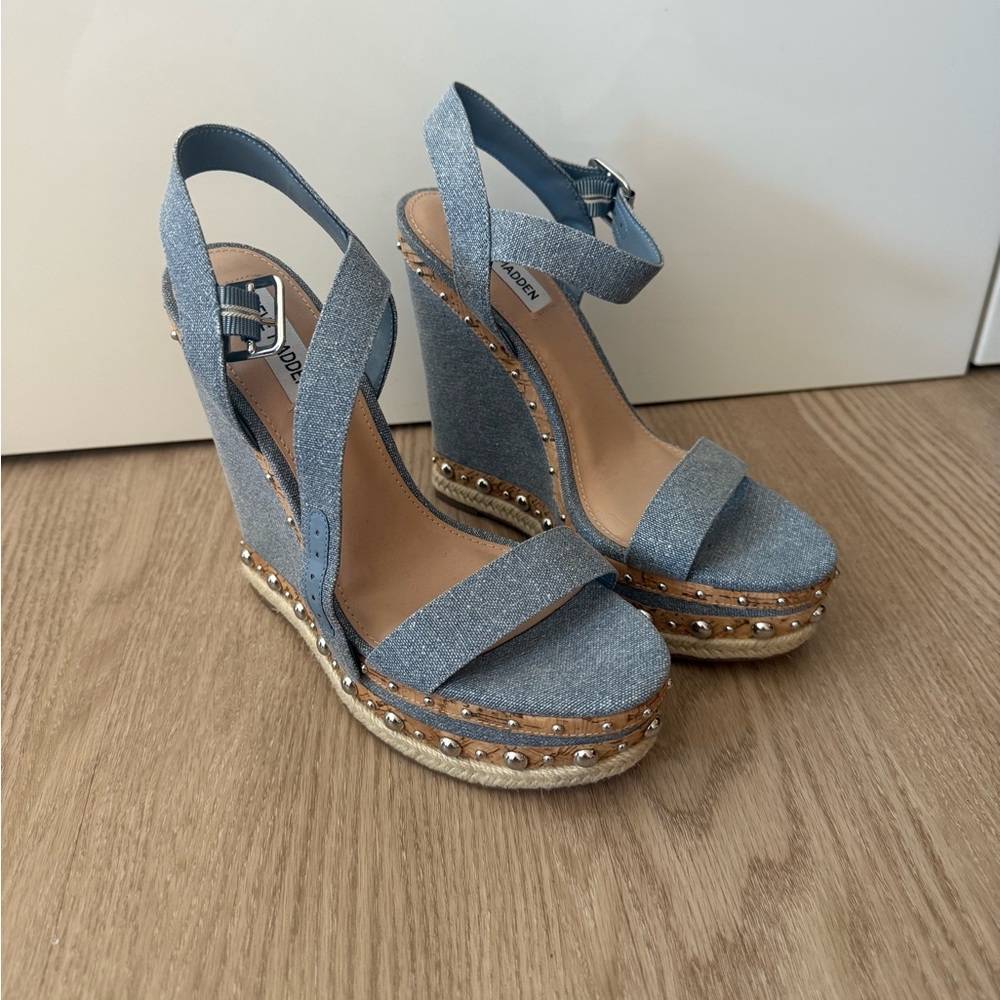 Steve Madden Maurisa Stylish Denim Blue Wedge Sandals Heels
